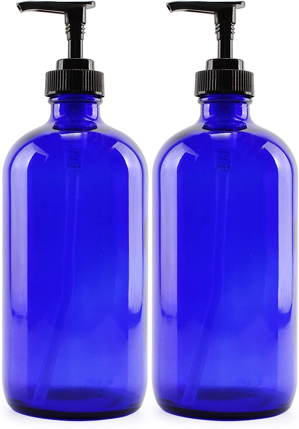 16Ounce Cobalt Blue Glass Bottles w/ Lotion Pump Dispensers (2Pack